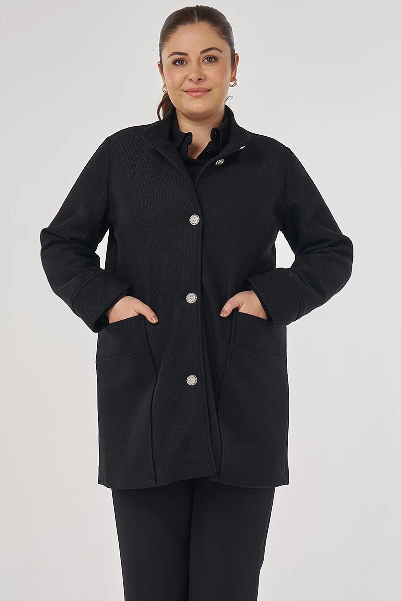 Shiny Button Felt Coat in Black