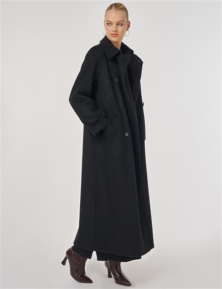 Düğmeli Kruvaze Kaşe Kaban Siyah 