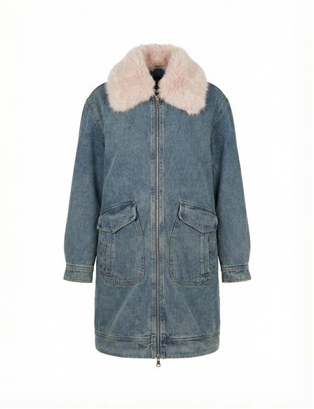 Faux Fur Collar Denim Jacket Light Blue