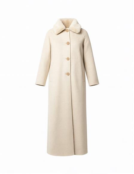 Kürk Yakalı Uzun Kaşe Kaban Krem