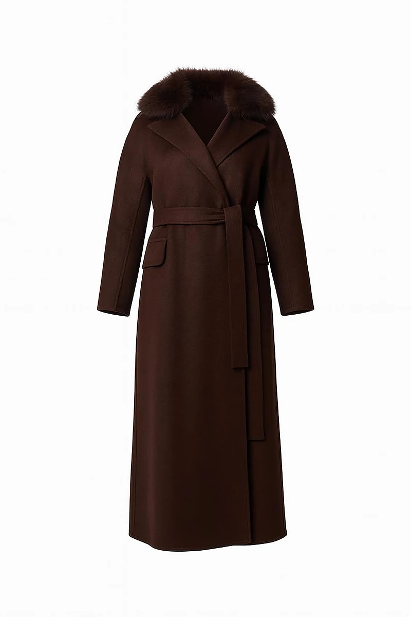 Detachable Faux Fur Collar Wool Coat in Dark Burgundy
