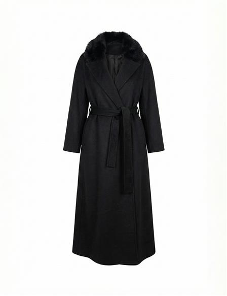 Çıkarılabilir Kürk Yakalı Kaşe Kaban Siyah 