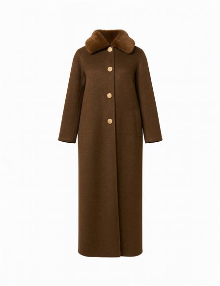 Kürk Yakalı Uzun Kaşe Kaban Koyu Kahve 