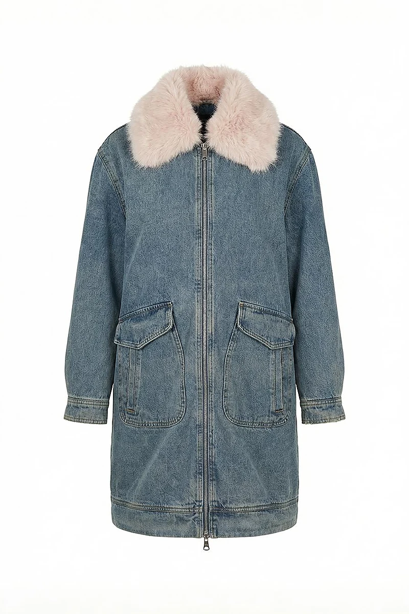 Faux Fur Collar Denim Jacket Light Blue