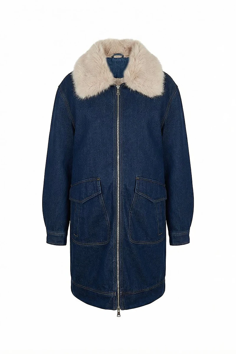 Faux Fur Collar Denim Jacket Dark Navy