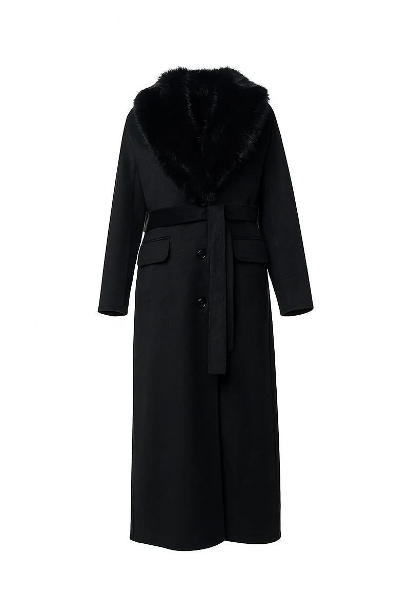 Fur Collar Wool Coat – Black 