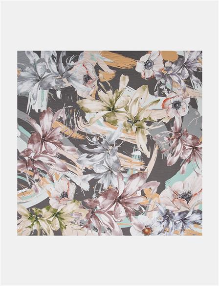 Karışık Çiçek Desenli Viskon Eşarp Gri