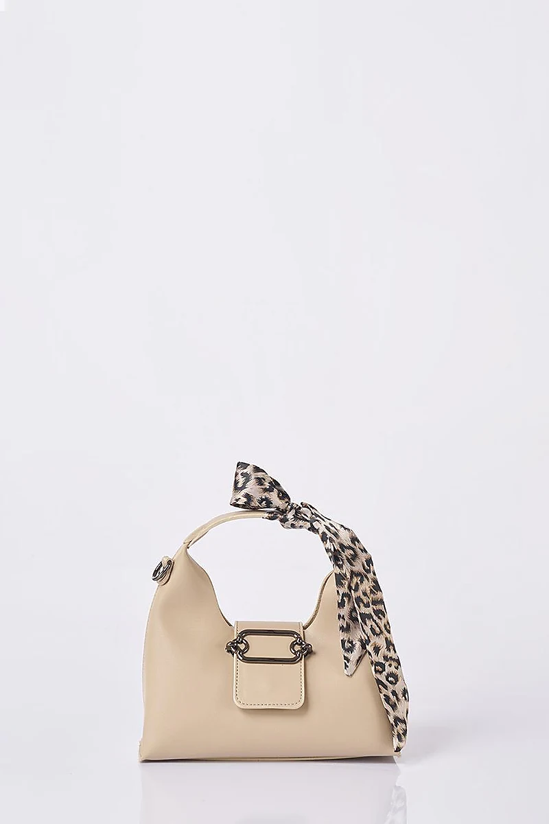 Faux Leather Bag with Scarf Detail in Cream