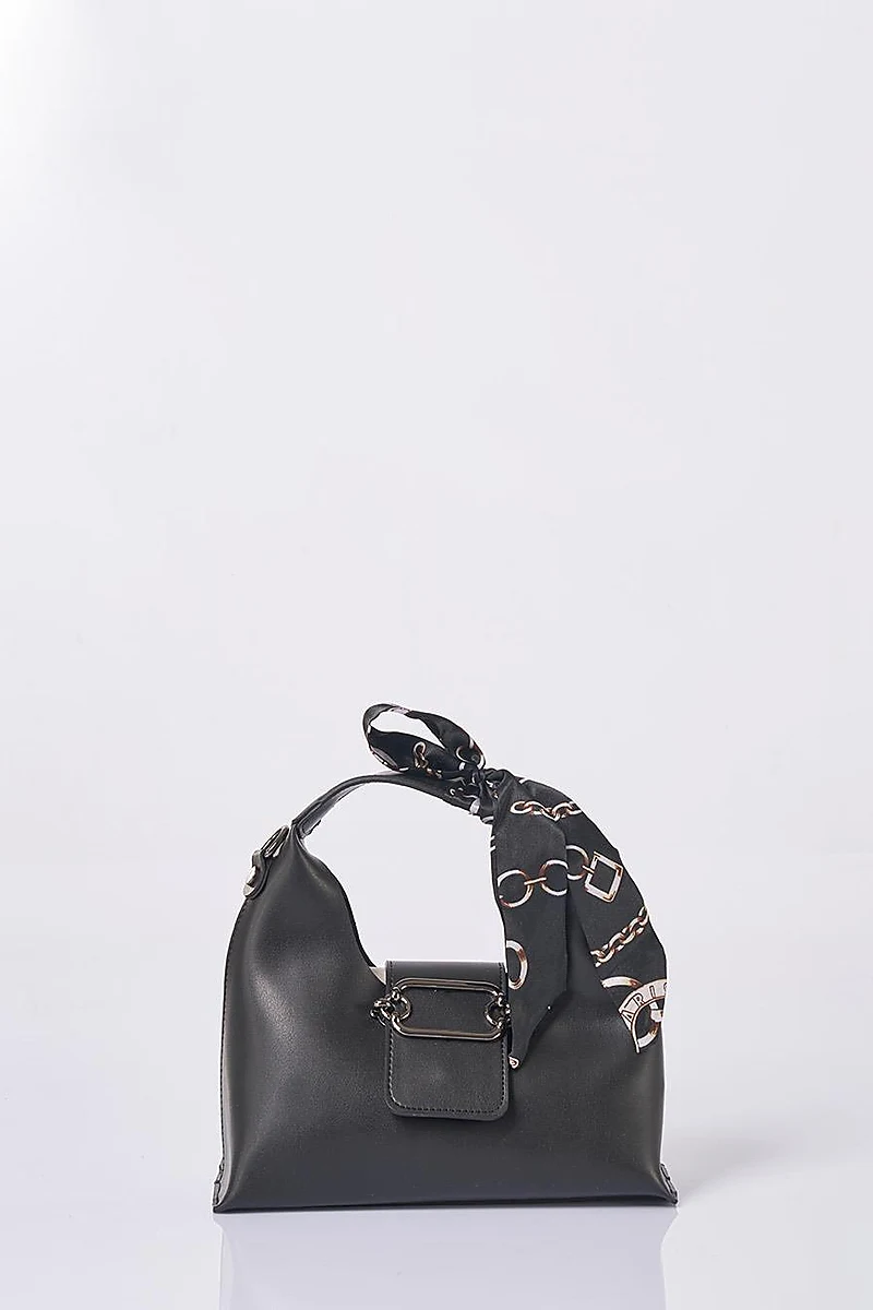 Faux Leather Bag with Scarf Detail in Black