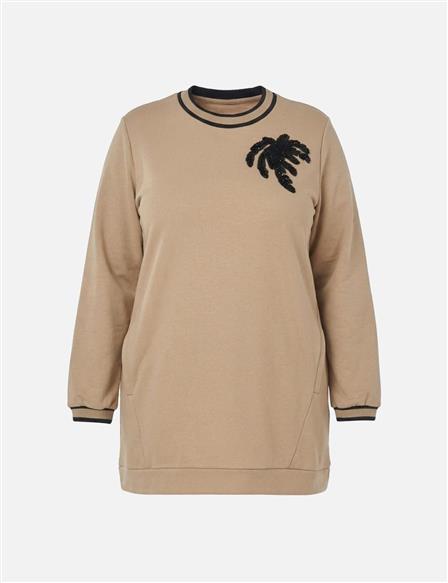 Kontrast Şeritli Scuba Sweatshirt Bej