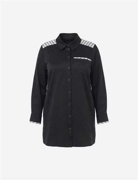 Çizgi Desen Pamuklu Tunik Siyah