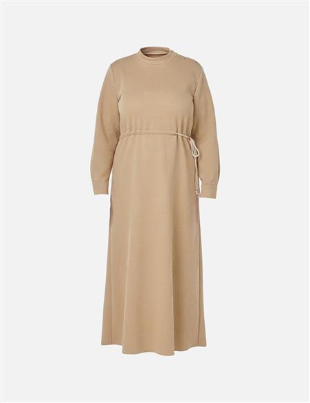 Desenli Rahat Kesim Elbise Bej