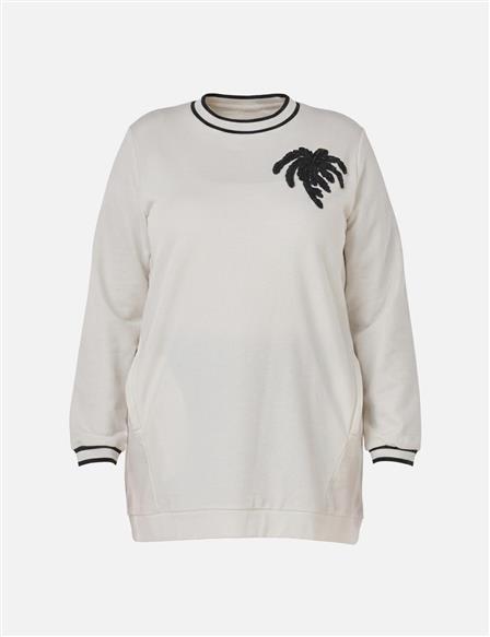 Kontrast Şeritli Scuba Sweatshirt Ekru