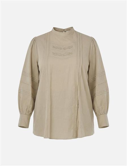 Nervür Dikişli Pamuk Keten Bluz Küf Yeşili