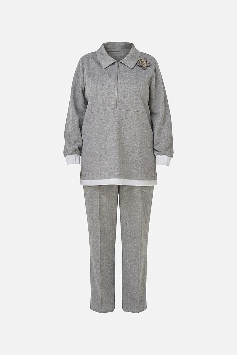 Brooch-Detail Relaxed-Fit Two-Piece Set Grey