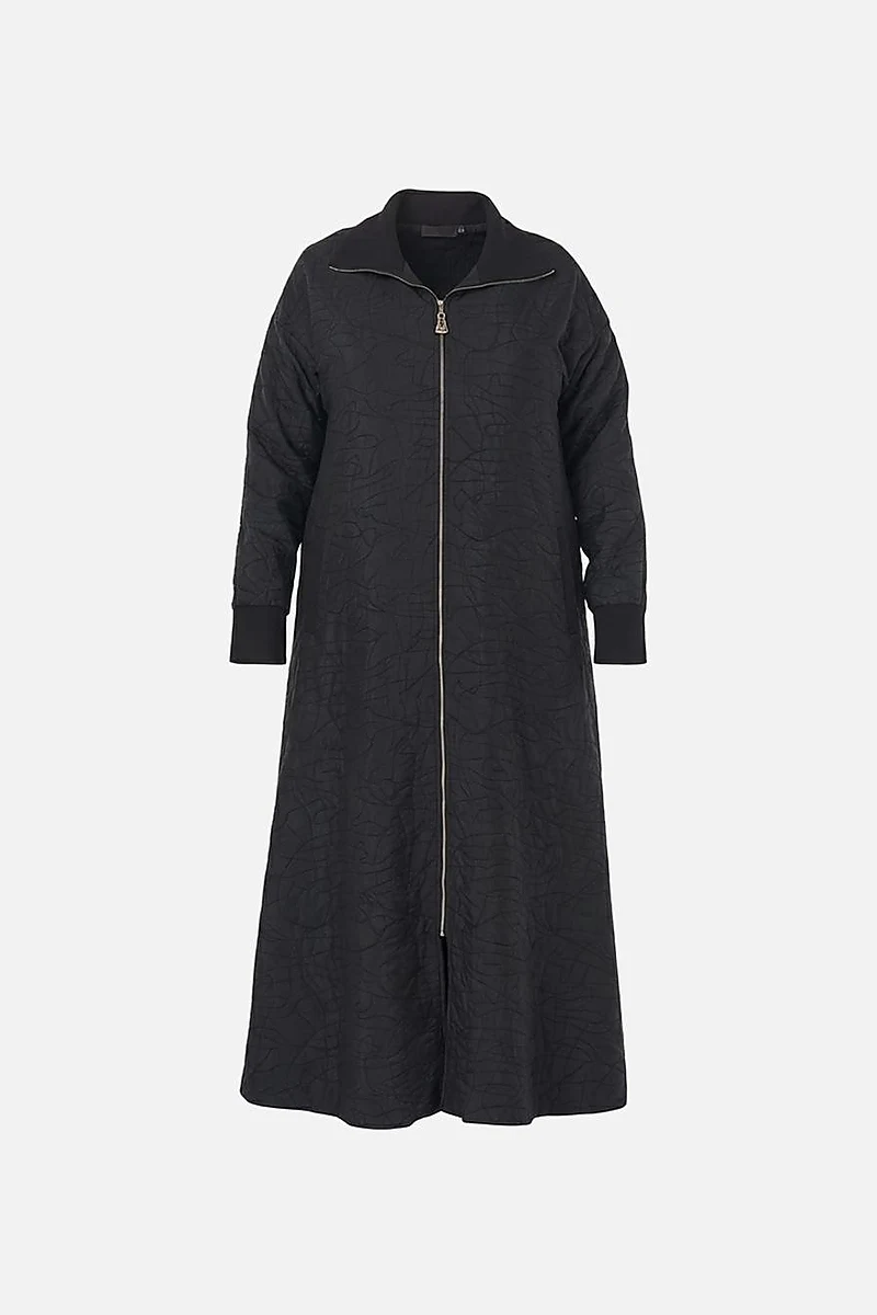 Embossed Pattern Stand Collar Coat in Black