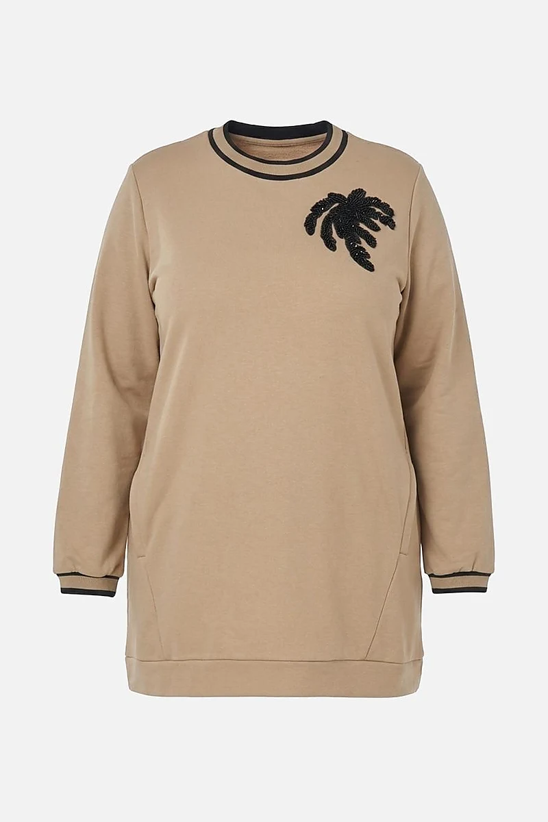 Kontrast Şeritli Scuba Sweatshirt Bej