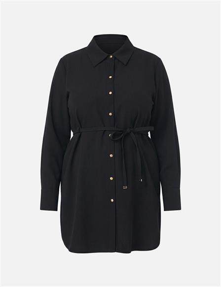 İp Kemerli Gömlek Yaka Tunik Siyah