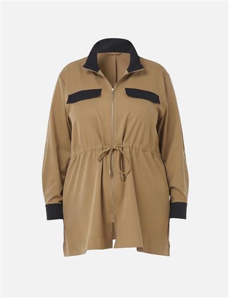 Stand-up Collar Tunic with Flap Pockets in Beige