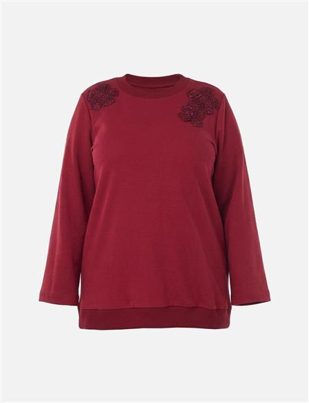 Aplikeli Üç İplik Sweatshirt Bordo