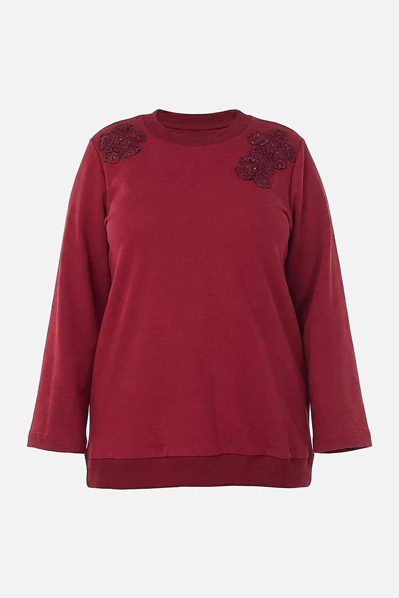 Aplikeli Üç İplik Sweatshirt Bordo