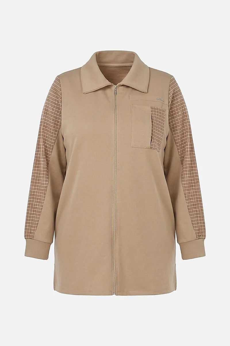 Ekose Garnili Üç İplik Sweatshirt Bej