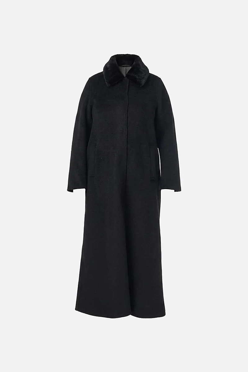 Wool Coat with Fur Collar in Black