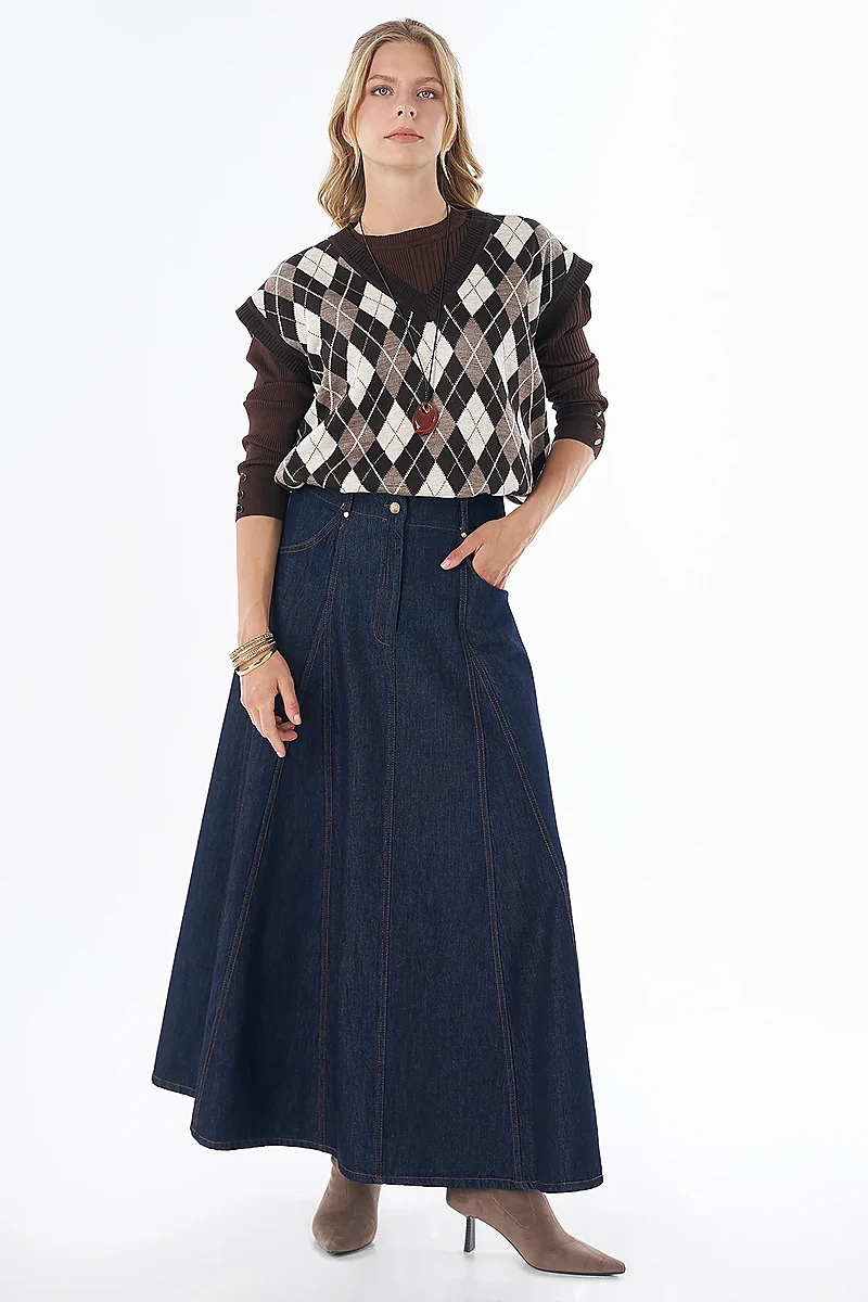 Washed Panel-Seamed Denim Skirt Navy