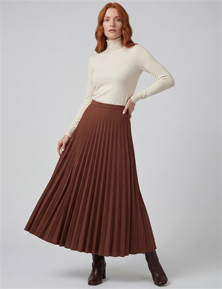 Zipped Pleated Skirt Dark Brown