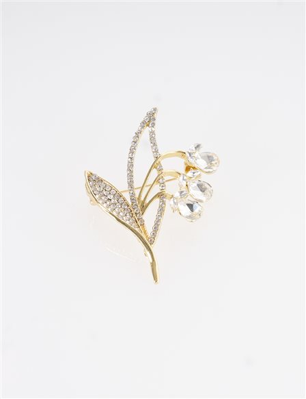 Flower Patterned Stone Brooch Gold
