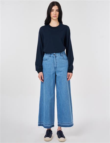 Yıkamalı Elastik Bel Denim Pantolon Mavi 