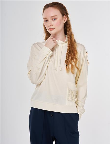 Püskül Detaylı Modal Sweatshirt Ekru