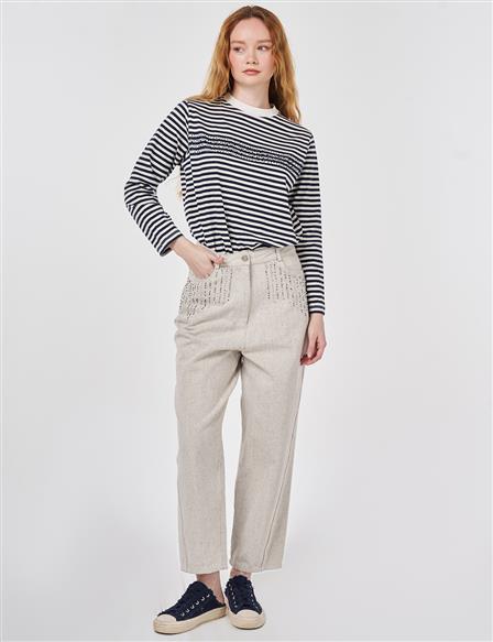 İşlemeli Havuç Kesim Denim Pantolon Gri