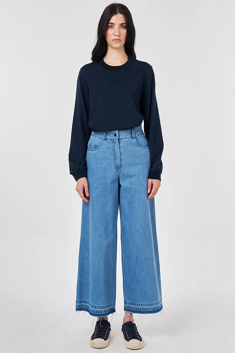 Washed Elastic-Waist Denim Trousers Blue 