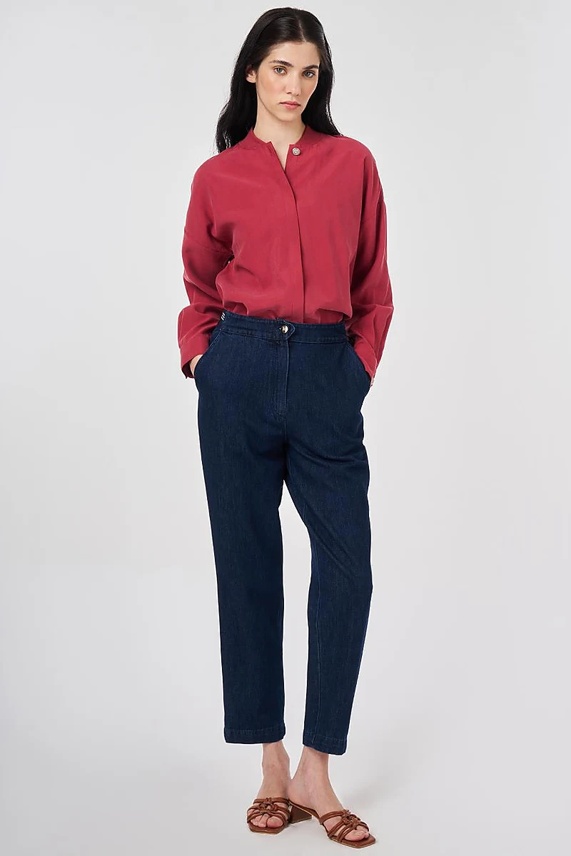 Elastic-Waist Carrot-Fit Denim Trousers Navy