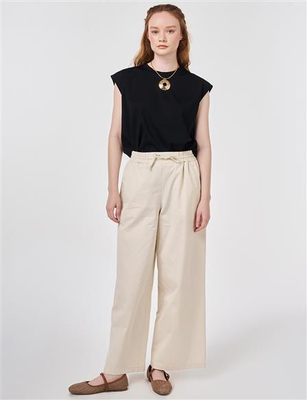 Draw-Up Wide Leg Trousers Cream