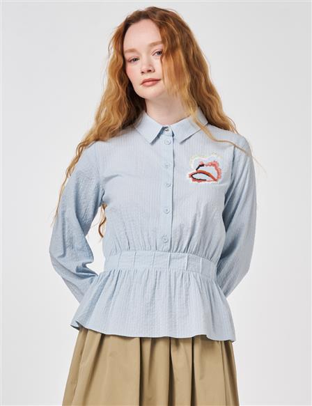 100% Cotton Embroidered Crinkle Blouse Blue
