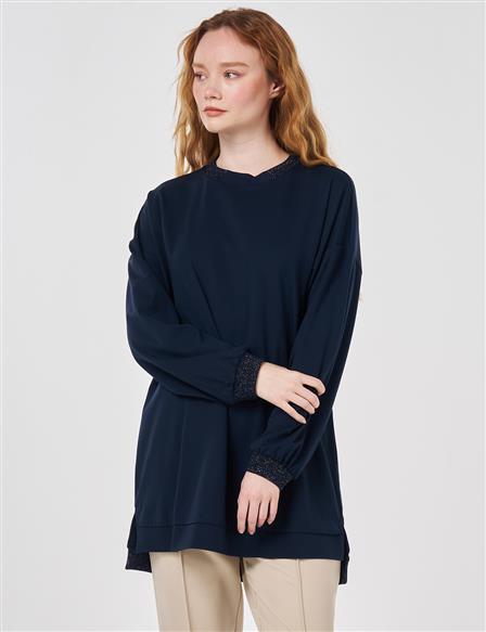 Glitter-Trim Knit Sweatshirt Dark Navy