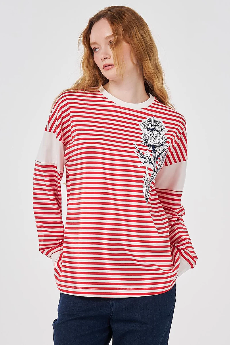 %100 Pamuklu Baskı Detaylı Sweatshirt Kırmızı