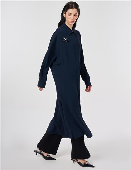 İşlemeli Krep Uzun Tunik Koyu Lacivert
