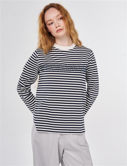 Hotfix Printed Knitted Blouse Dark Navy