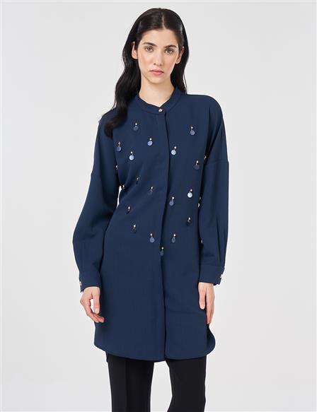 Pul Detaylı Hakim Yaka Tunik Koyu Lacivert