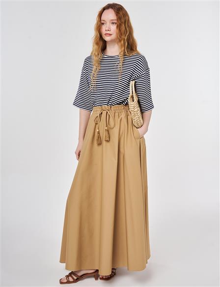 Püsküllü Evaze Etek Bej