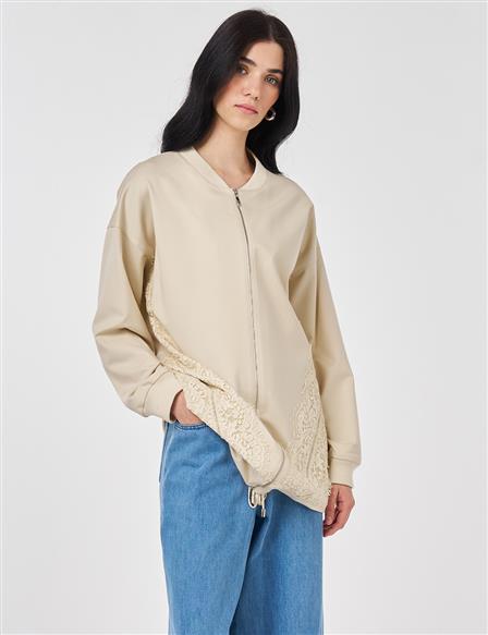 Dantel Garnili Rayon Ceket Krem