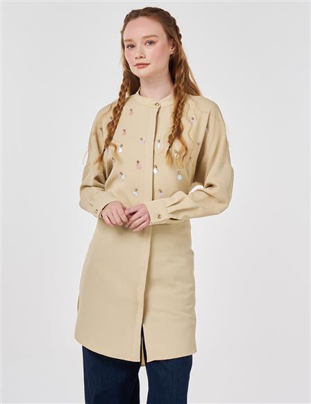 Pul Detaylı Hakim Yaka Tunik Açık Sarı