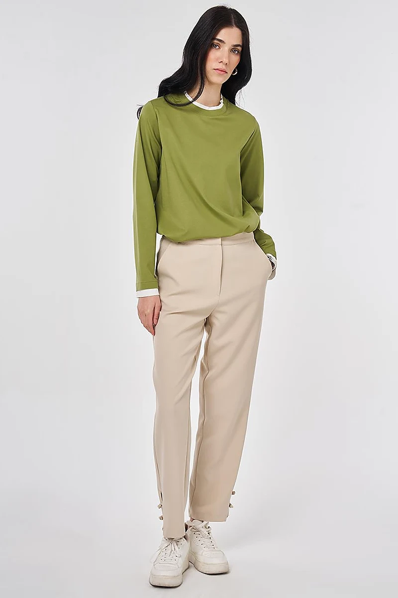 Knot Button Straight Leg Trousers Stone
