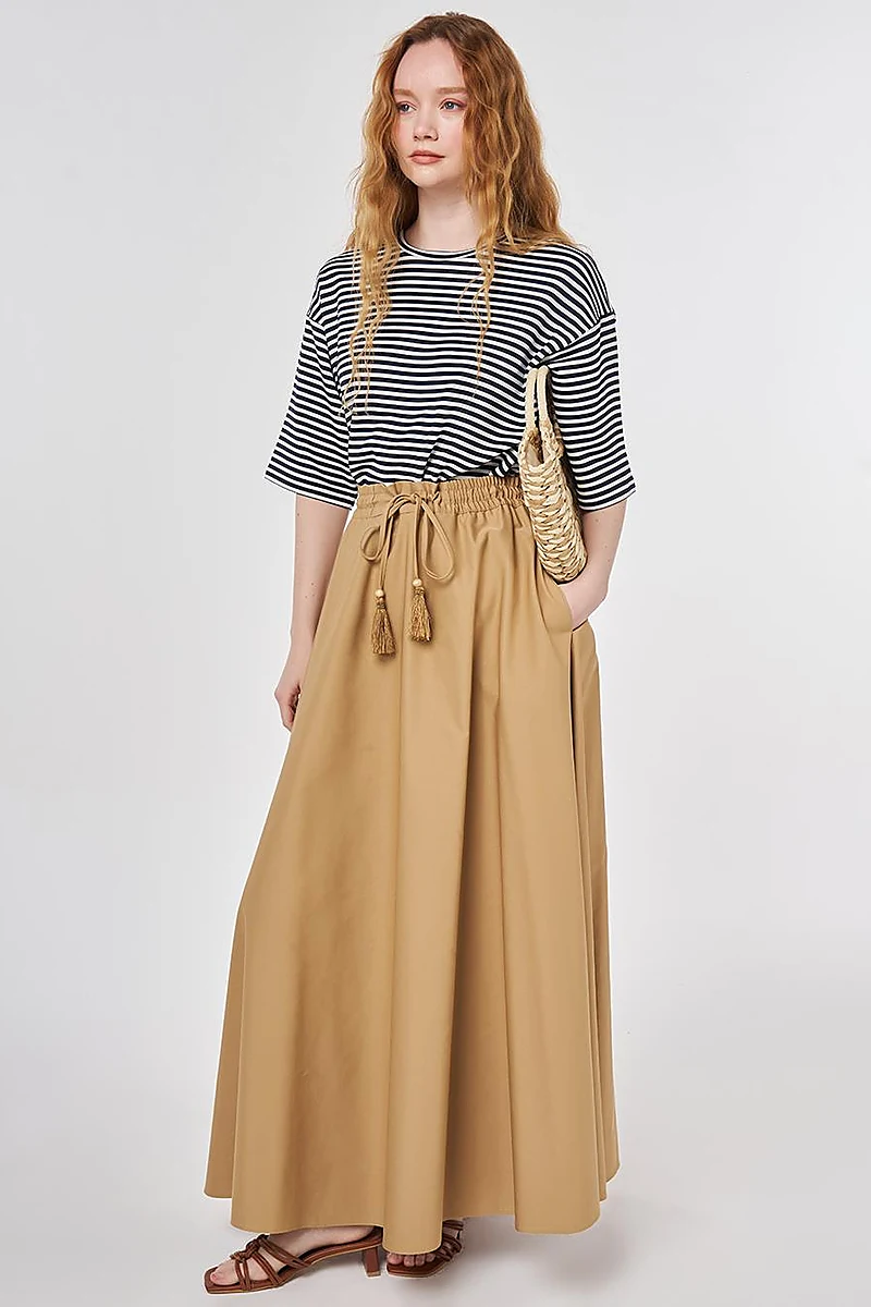 Fringed A-line Skirt Beige
