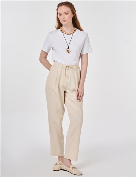 Yüksek Bel Gabardin Pantolon Krem 