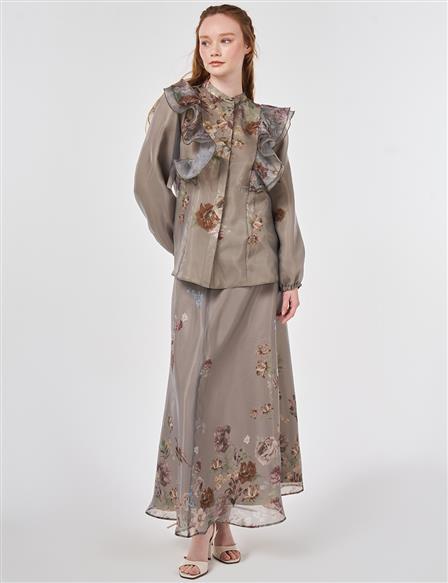 Organza Skirt Suit with Ruffle Detail, Moss Green