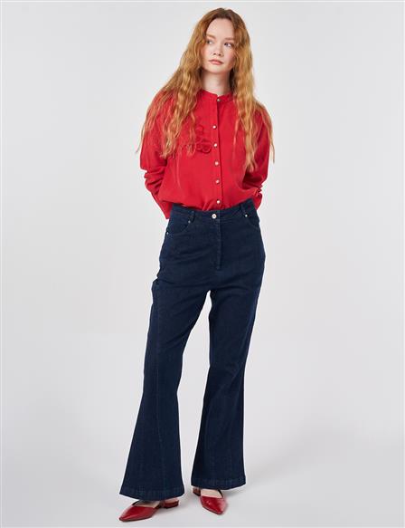 Washed Flared Denim Trousers Navy 